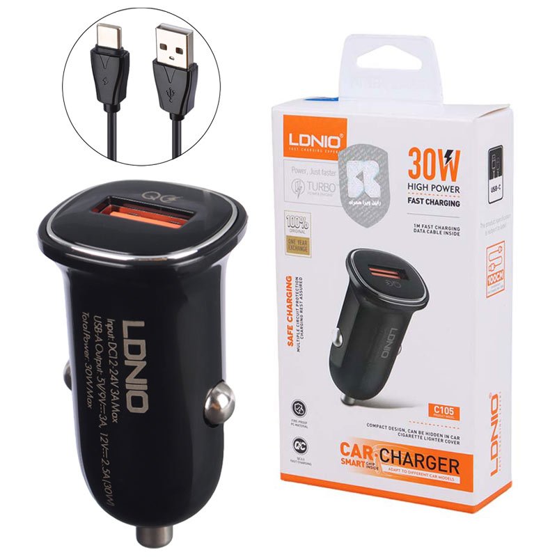 شارژر فندکی فست شارژ Ldnio C105 3A 30W + کابل تایپ سی 