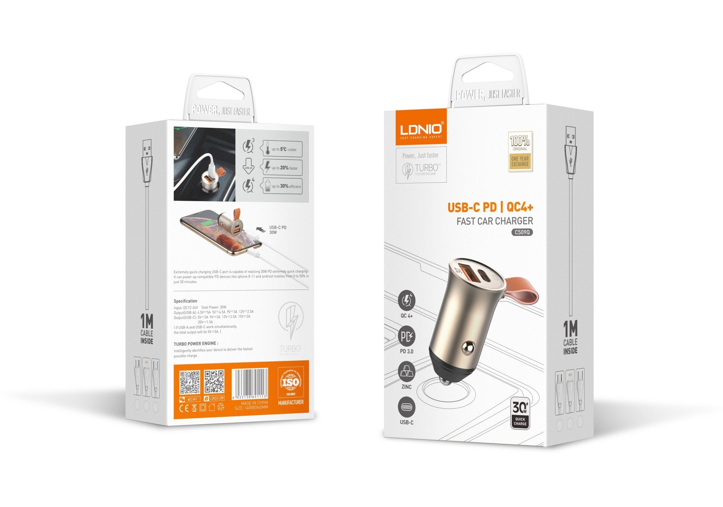 شارژر فندکی فست 30W الدینیو مدل C509Q + کابل TYPE  C 